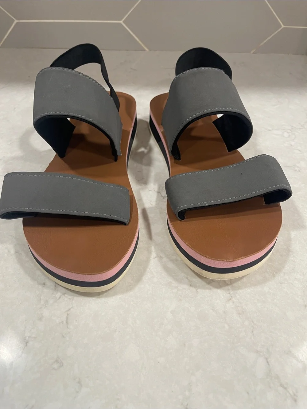 chooka Gray Green and Brown Two-Strap Slingback Sandals, Boho, Soft, Summer - Picture 5 of 5